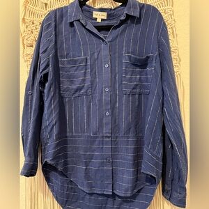 Cloth & Stone Shimmery Silver Line Navy Striped Sarea Button High Low Hem Shirt